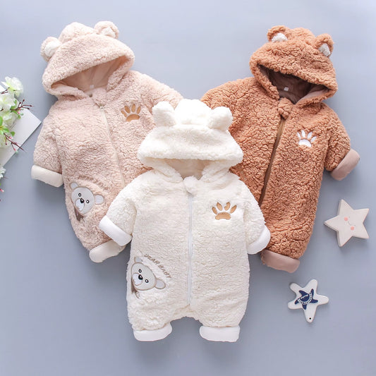 🧸 Baby Plush Hooded Romper – One Piece Long Sleeve Winter Teddy Jumpsuit 👶❄️