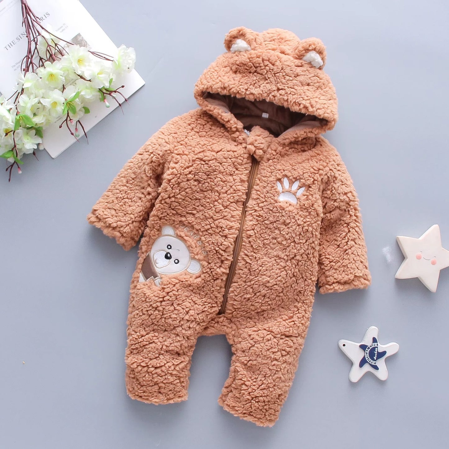🧸 Baby Plush Hooded Romper – One Piece Long Sleeve Winter Teddy Jumpsuit 👶❄️