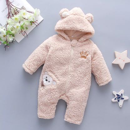 🧸 Baby Plush Hooded Romper – One Piece Long Sleeve Winter Teddy Jumpsuit 👶❄️