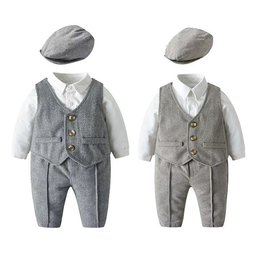 👔 Baby Boy 4-Piece Formal Suit Set – Shirt, Vest, Pants & Hat Cotton Gentleman Outfit 👶✨