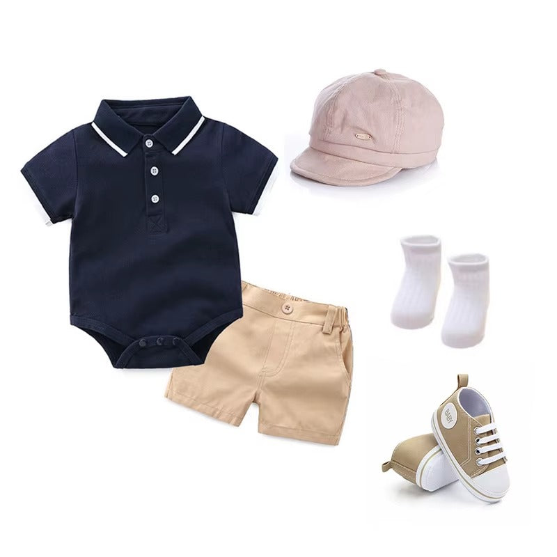👔 Baby Boy 5-Piece Gentleman Outfit Set – Polo Bodysuit, Shorts, Hat, Socks & Shoes 👶✨