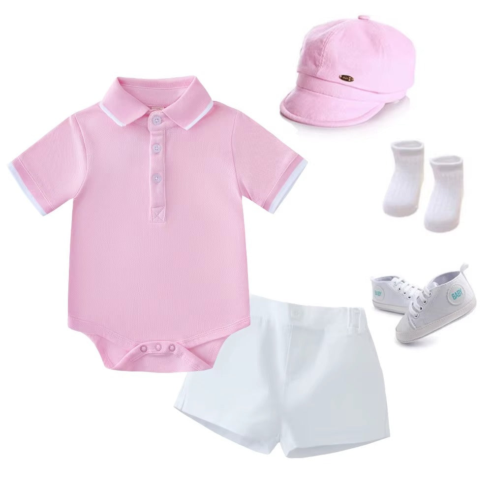 👔 Baby Boy 5-Piece Gentleman Outfit Set – Polo Bodysuit, Shorts, Hat, Socks & Shoes 👶✨