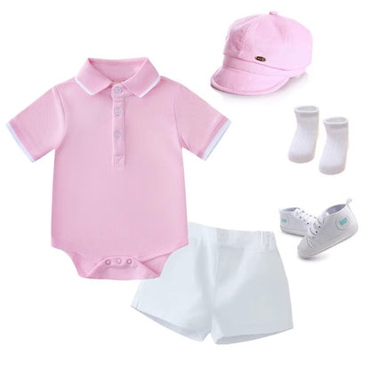 👔 Baby Boy 5-Piece Gentleman Outfit Set – Polo Bodysuit, Shorts, Hat, Socks & Shoes 👶✨