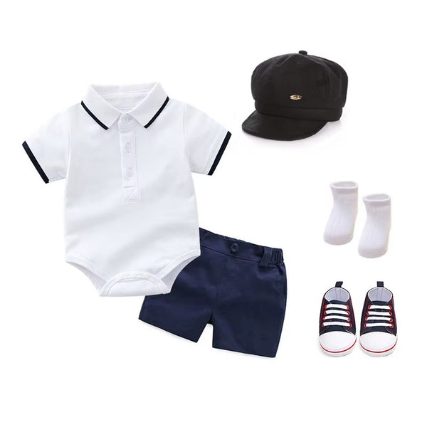 👔 Baby Boy 5-Piece Gentleman Outfit Set – Polo Bodysuit, Shorts, Hat, Socks & Shoes 👶✨