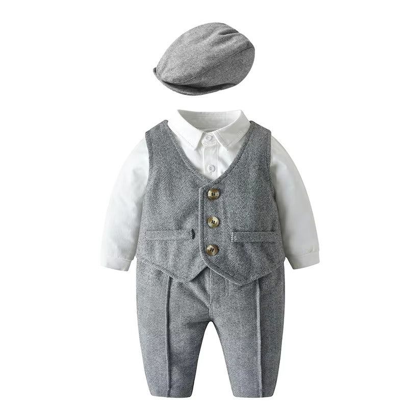 👔 Baby Boy 4-Piece Formal Suit Set – Shirt, Vest, Pants & Hat Cotton Gentleman Outfit 👶✨