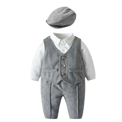 👔 Baby Boy 4-Piece Formal Suit Set – Shirt, Vest, Pants & Hat Cotton Gentleman Outfit 👶✨