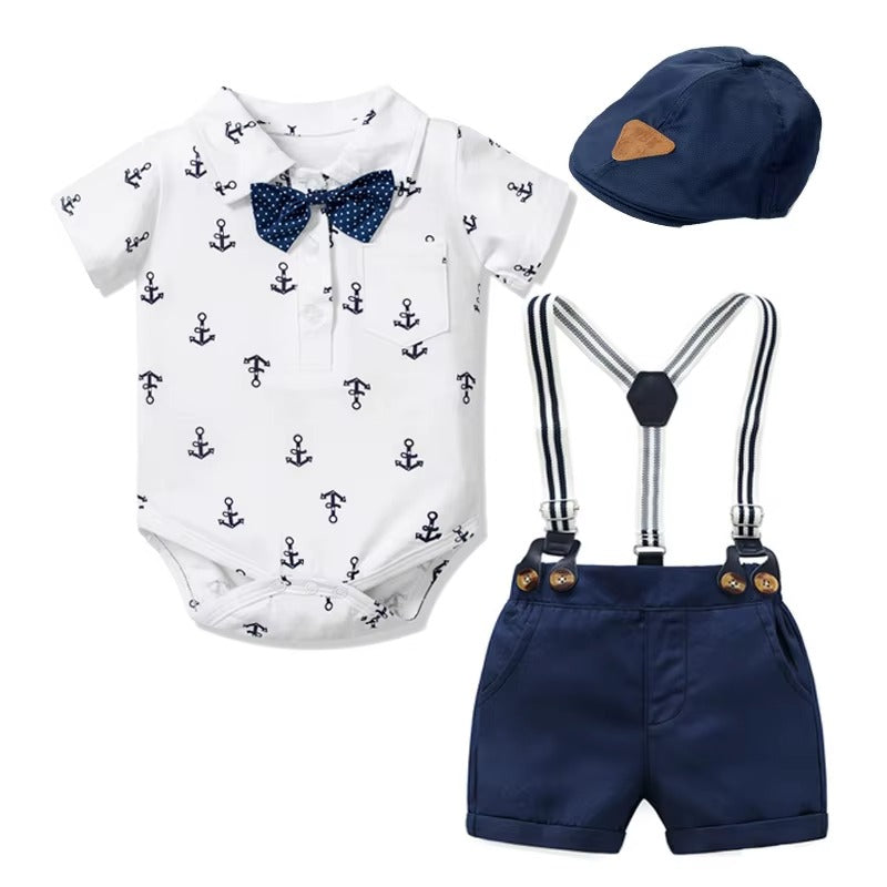 ⚓ Baby Boy Nautical Gentleman Outfit Set – Suspender Shorts, Anchor Bodysuit, Bowtie &amp; Hat 👶✨