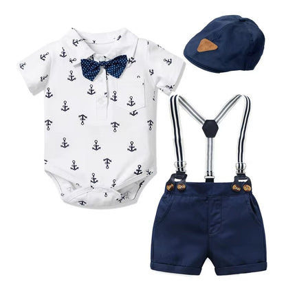 ⚓ Baby Boy Nautical Gentleman Outfit Set – Suspender Shorts, Anchor Bodysuit, Bowtie &amp; Hat 👶✨