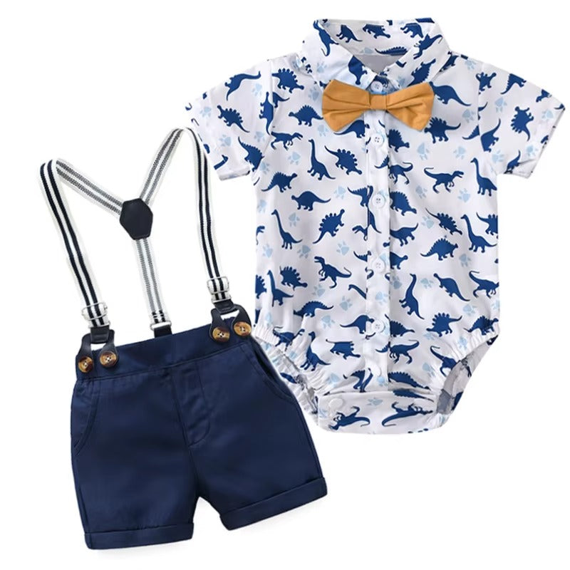 🦖 Baby Boy Dinosaur Gentleman Outfit Set – Suspender Shorts, Bowtie &amp; Cartoon Bodysuit 👶✨