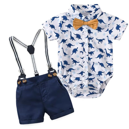 🦖 Baby Boy Dinosaur Gentleman Outfit Set – Suspender Shorts, Bowtie &amp; Cartoon Bodysuit 👶✨