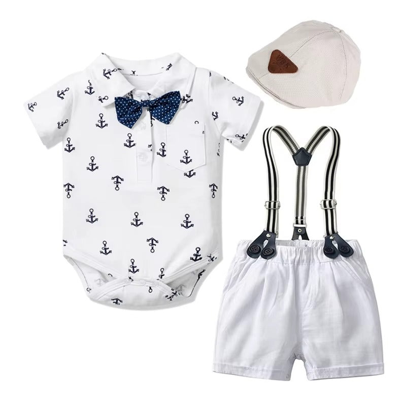 ⚓ Baby Boy Nautical Gentleman Outfit Set – Suspender Shorts, Anchor Bodysuit, Bowtie &amp; Hat 👶✨