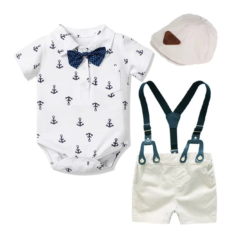 ⚓ Baby Boy Nautical Gentleman Outfit Set – Suspender Shorts, Anchor Bodysuit, Bowtie &amp; Hat 👶✨