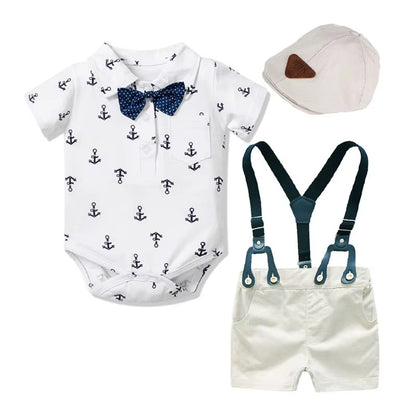 ⚓ Baby Boy Nautical Gentleman Outfit Set – Suspender Shorts, Anchor Bodysuit, Bowtie &amp; Hat 👶✨
