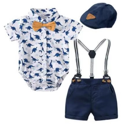 🦖 Baby Boy Dinosaur Gentleman Outfit Set – Suspender Shorts, Bowtie &amp; Cartoon Bodysuit 👶✨