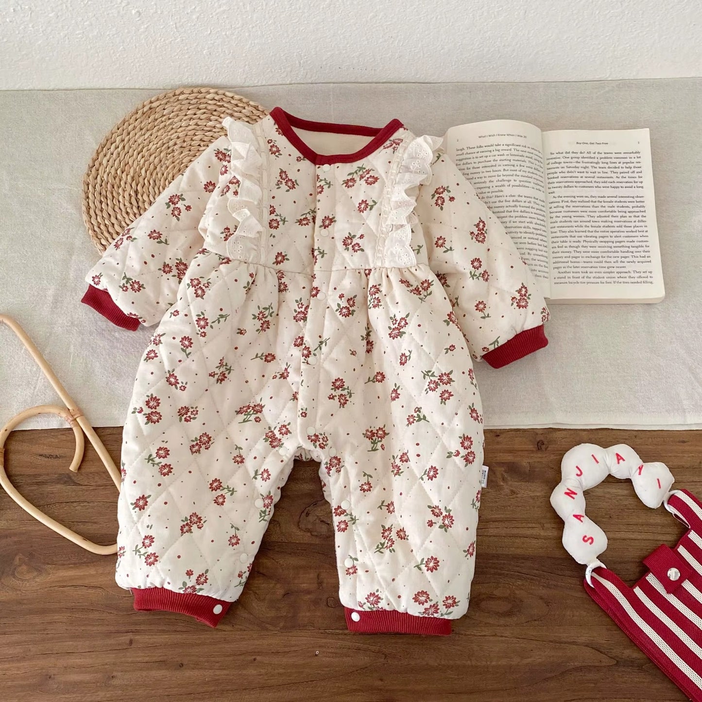 🌸 Baby Girl Floral Cotton Quilted Romper Dress – Thick Warm Princess Jumpsuit 🌸