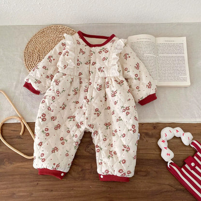 🌸 Baby Girl Floral Cotton Quilted Romper Dress – Thick Warm Princess Jumpsuit 🌸