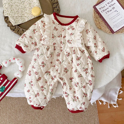 🌸 Baby Girl Floral Cotton Quilted Romper Dress – Thick Warm Princess Jumpsuit 🌸