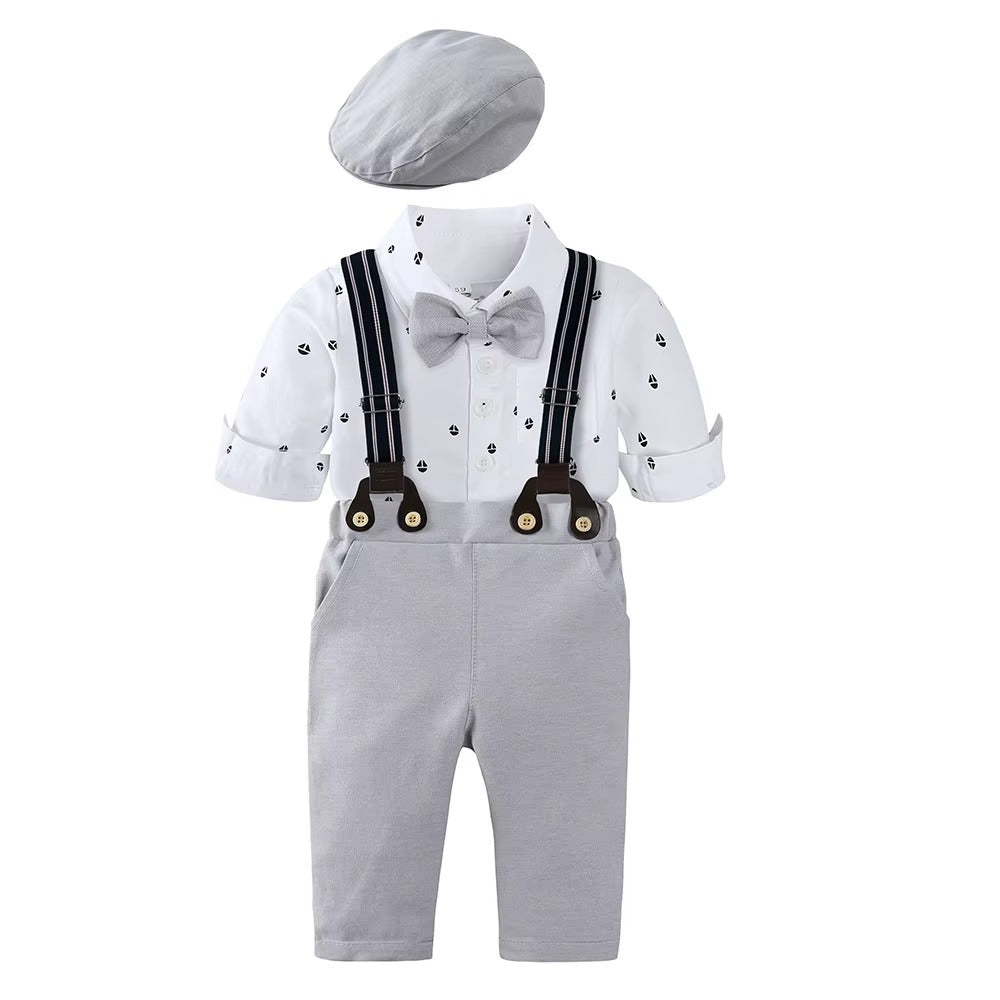 👔 Baby Boy Formal Gentleman Outfit Set – Suspender Pants, Shirt Bodysuit, Bowtie & Hat 👶✨