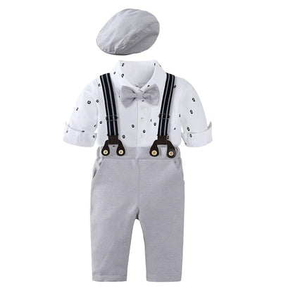 👔 Baby Boy Formal Gentleman Outfit Set – Suspender Pants, Shirt Bodysuit, Bowtie & Hat 👶✨