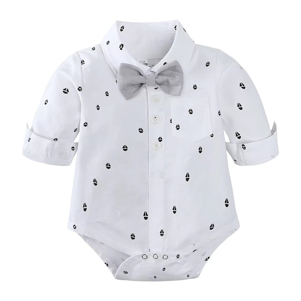 👔 Baby Boy Formal Gentleman Outfit Set – Suspender Pants, Shirt Bodysuit, Bowtie & Hat 👶✨