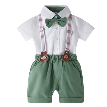 👔 Baby Boy Formal Suspender Outfit Set – Summer Gentleman Bodysuit &amp; Shorts with Bowtie 👶✨