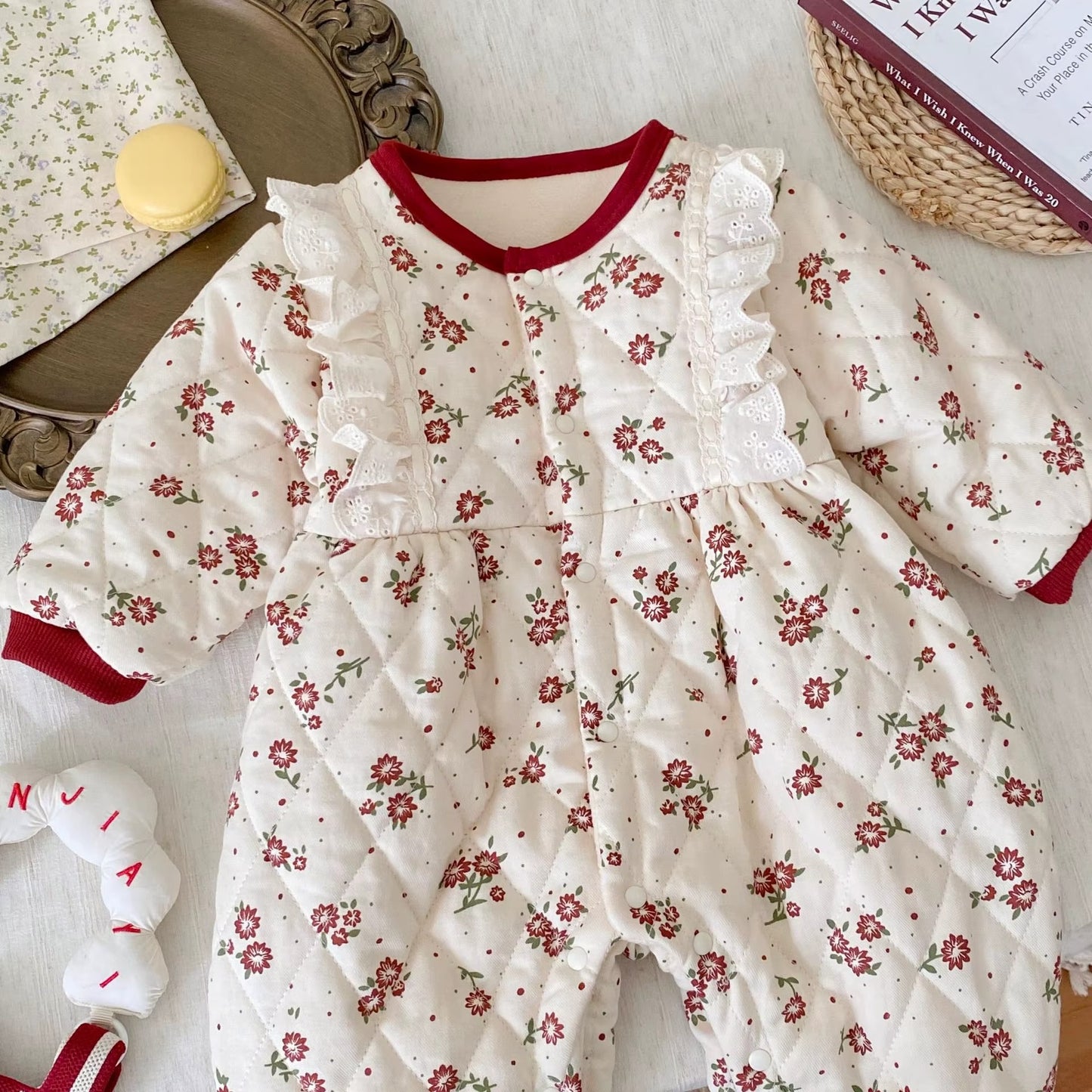🌸 Baby Girl Floral Cotton Quilted Romper Dress – Thick Warm Princess Jumpsuit 🌸