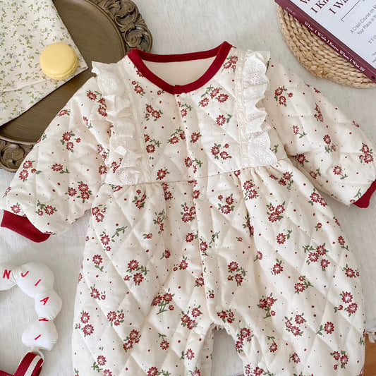 🌸 Baby Girl Floral Cotton Quilted Romper Dress – Thick Warm Princess Jumpsuit 🌸