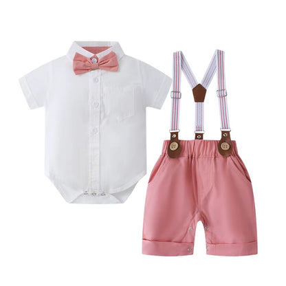 👔 Baby Boy Formal Suspender Outfit Set – Summer Gentleman Bodysuit &amp; Shorts with Bowtie 👶✨