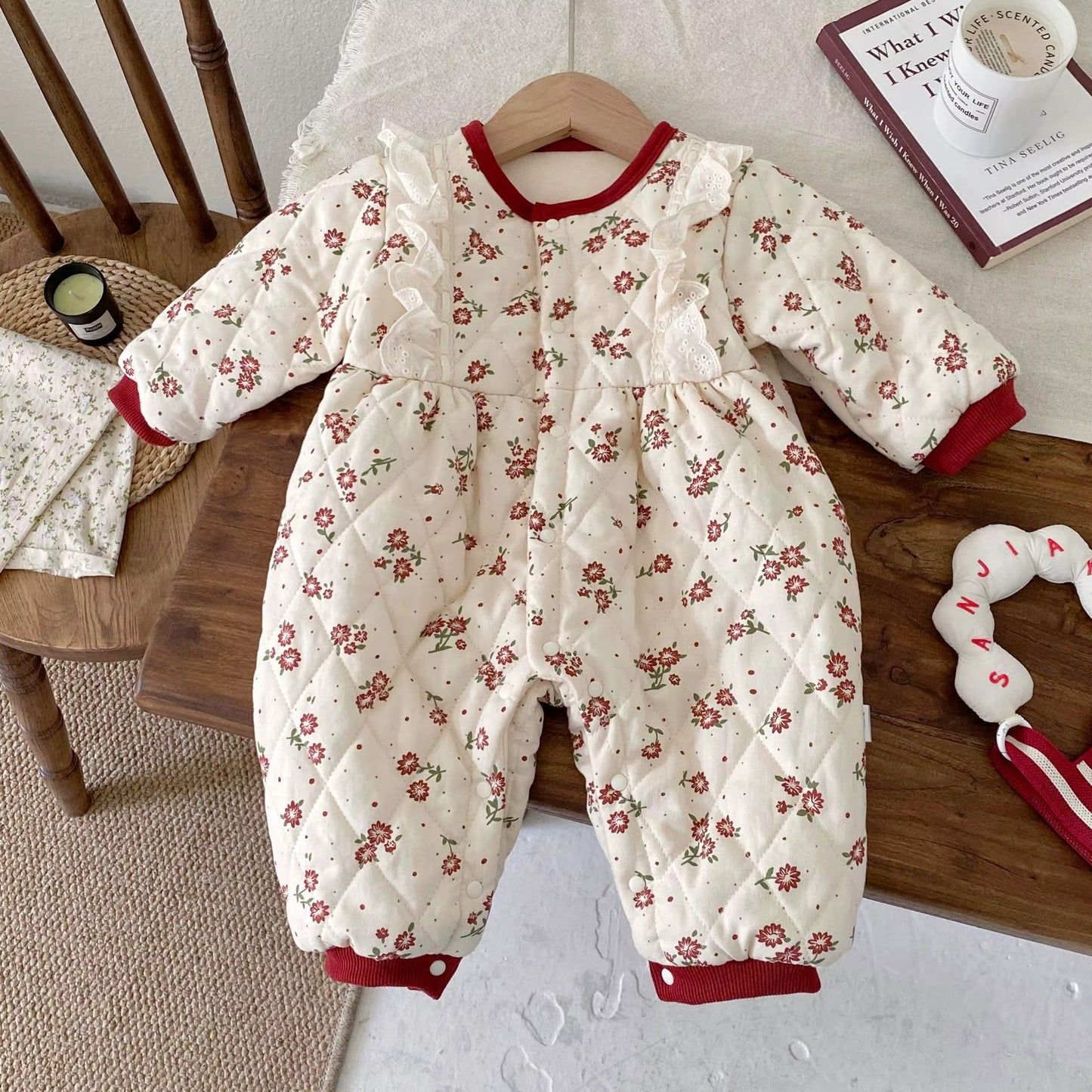 🌸 Baby Girl Floral Cotton Quilted Romper Dress – Thick Warm Princess Jumpsuit 🌸
