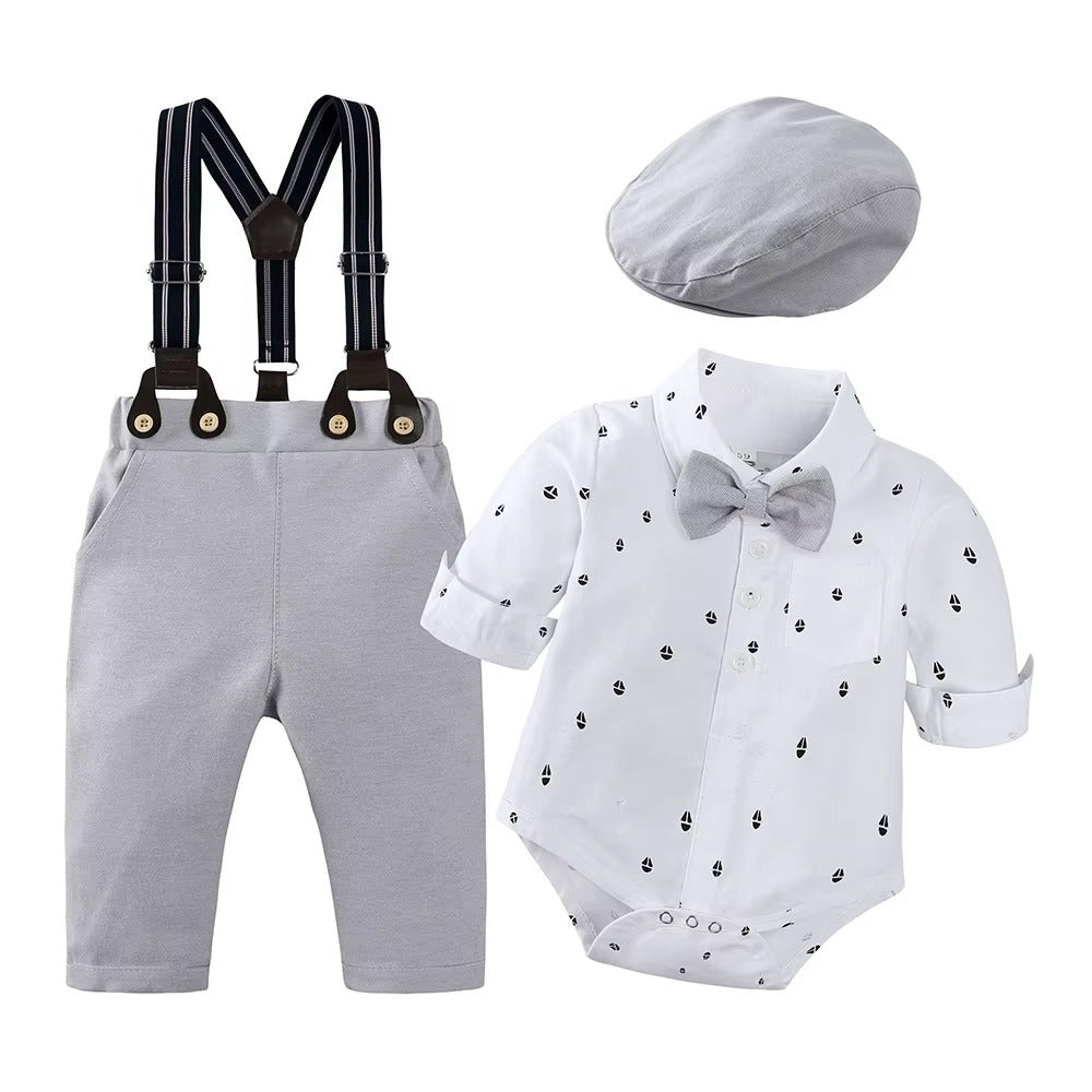 👔 Baby Boy Formal Gentleman Outfit Set – Suspender Pants, Shirt Bodysuit, Bowtie & Hat 👶✨