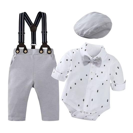 👔 Baby Boy Formal Gentleman Outfit Set – Suspender Pants, Shirt Bodysuit, Bowtie & Hat 👶✨