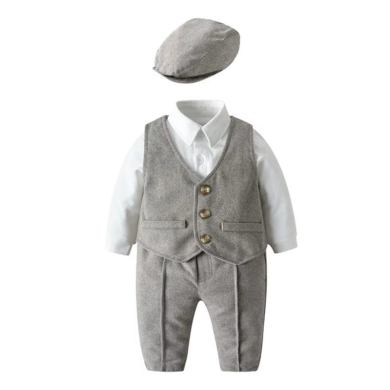 👔 Baby Boy 4-Piece Formal Suit Set – Shirt, Vest, Pants & Hat Cotton Gentleman Outfit 👶✨